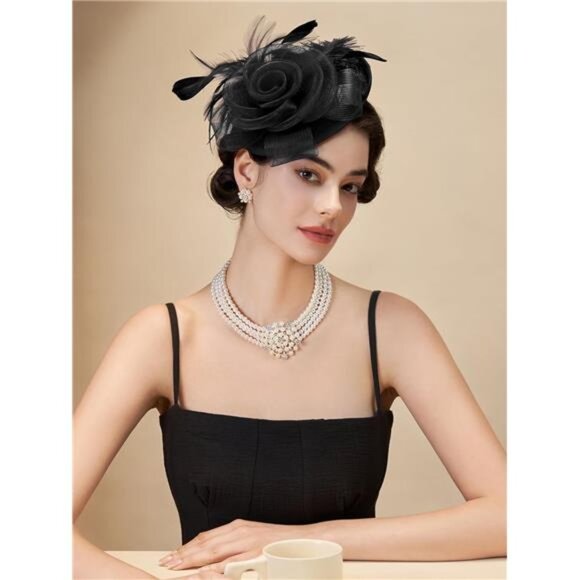 Flower Tea Party Fascinators for Women, Black - Picture 4 of 5